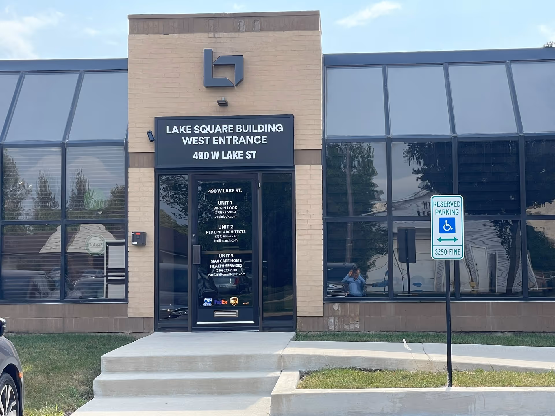 Front entrance of Lake Square Building with a Max Care Home Health Services sign