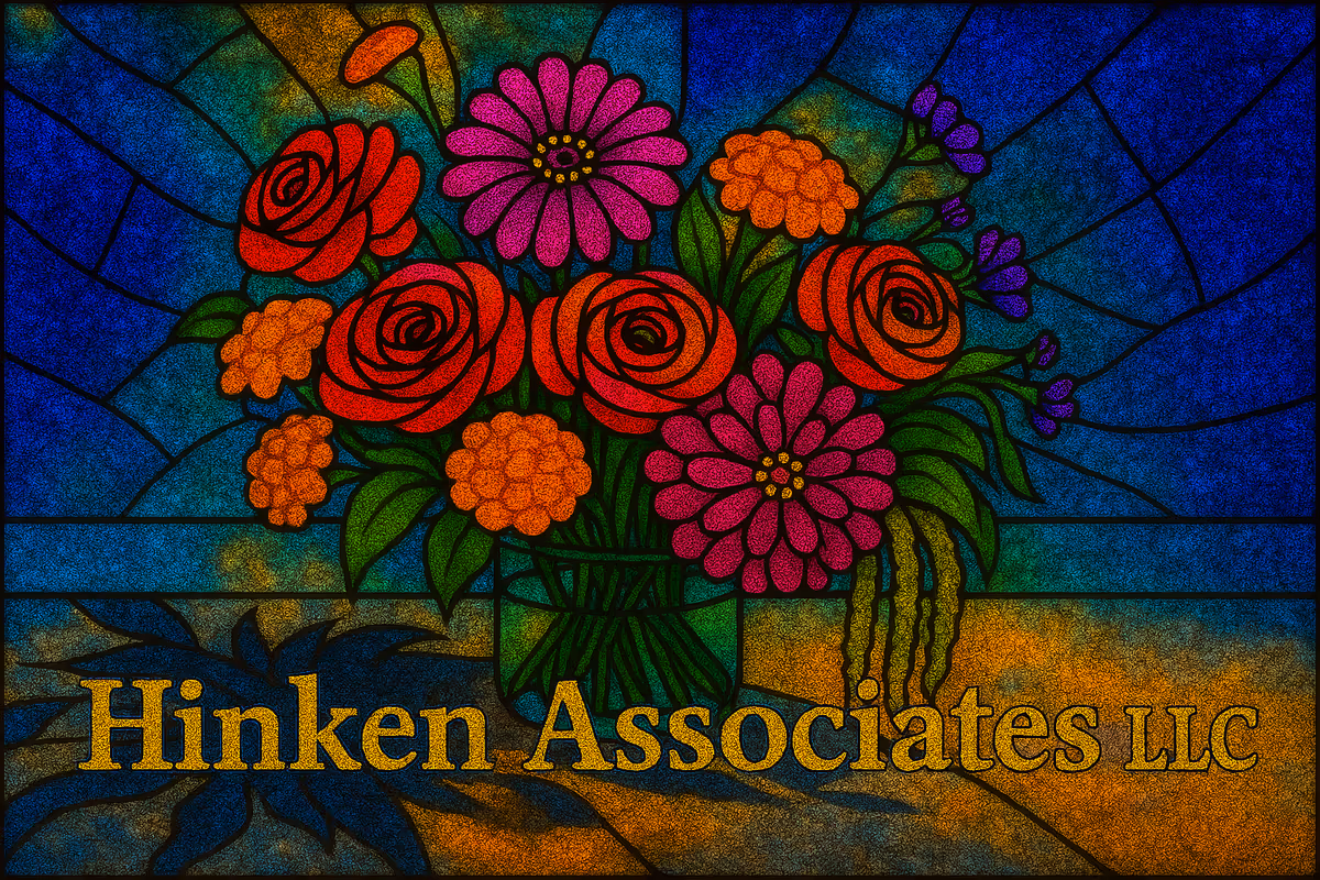Colorful stained-glass bouquet design with the text Hinken Associates LLC.