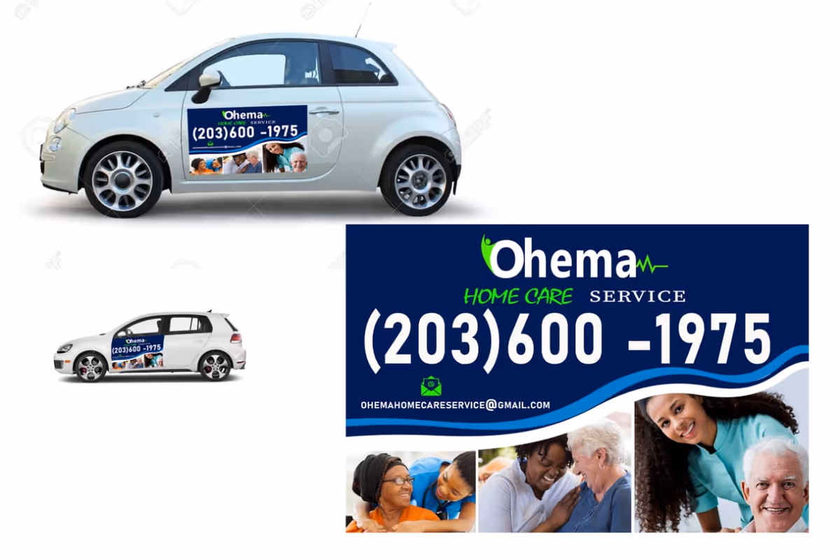Two branded cars plus a large Ohema Home Care Services banner advertising contact details.
