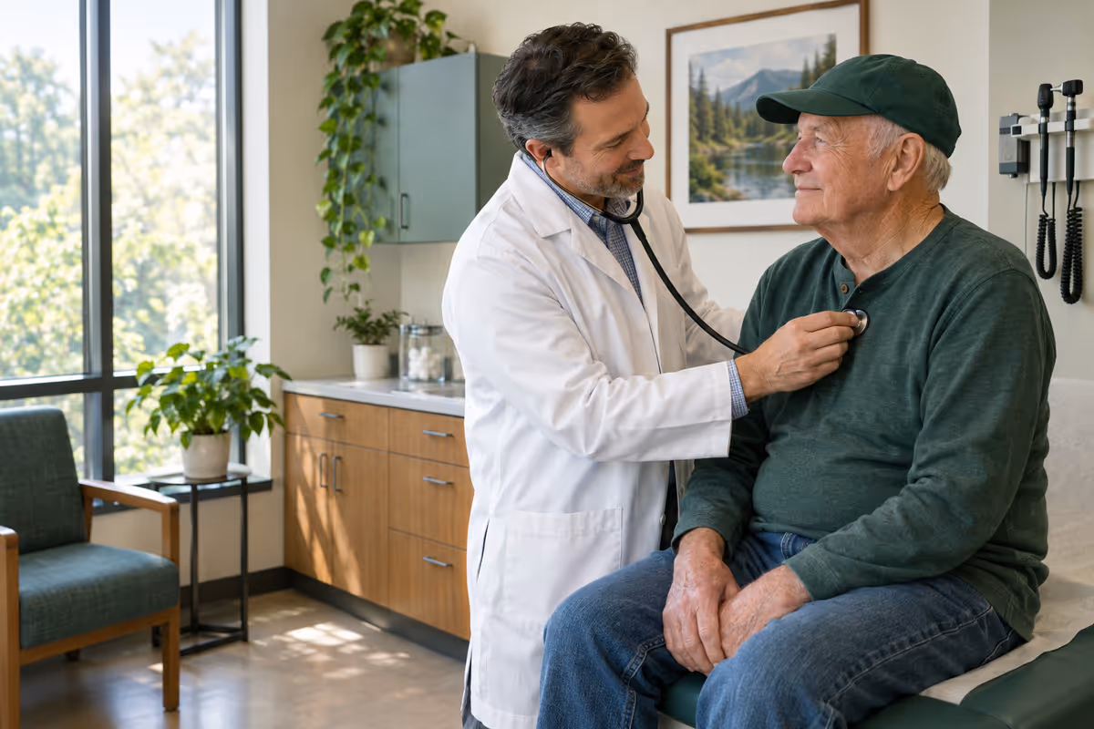 A doctor listens to an older veteran's heart with a stethoscope in a bright clinic