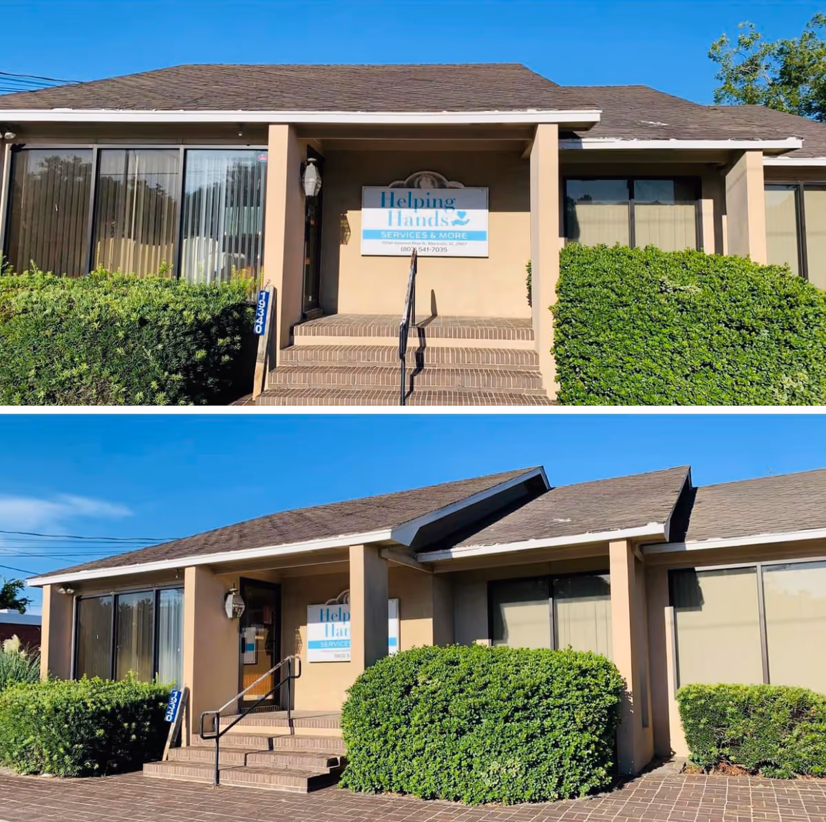 Front exterior of a single-story facility with a sign and trimmed hedges.