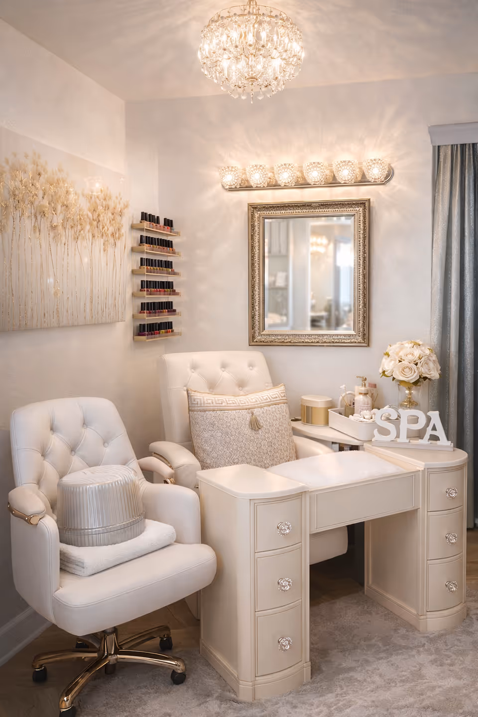Elegant spa room with white chairs, manicure station, nail polish shelves, chandelier, and decor.