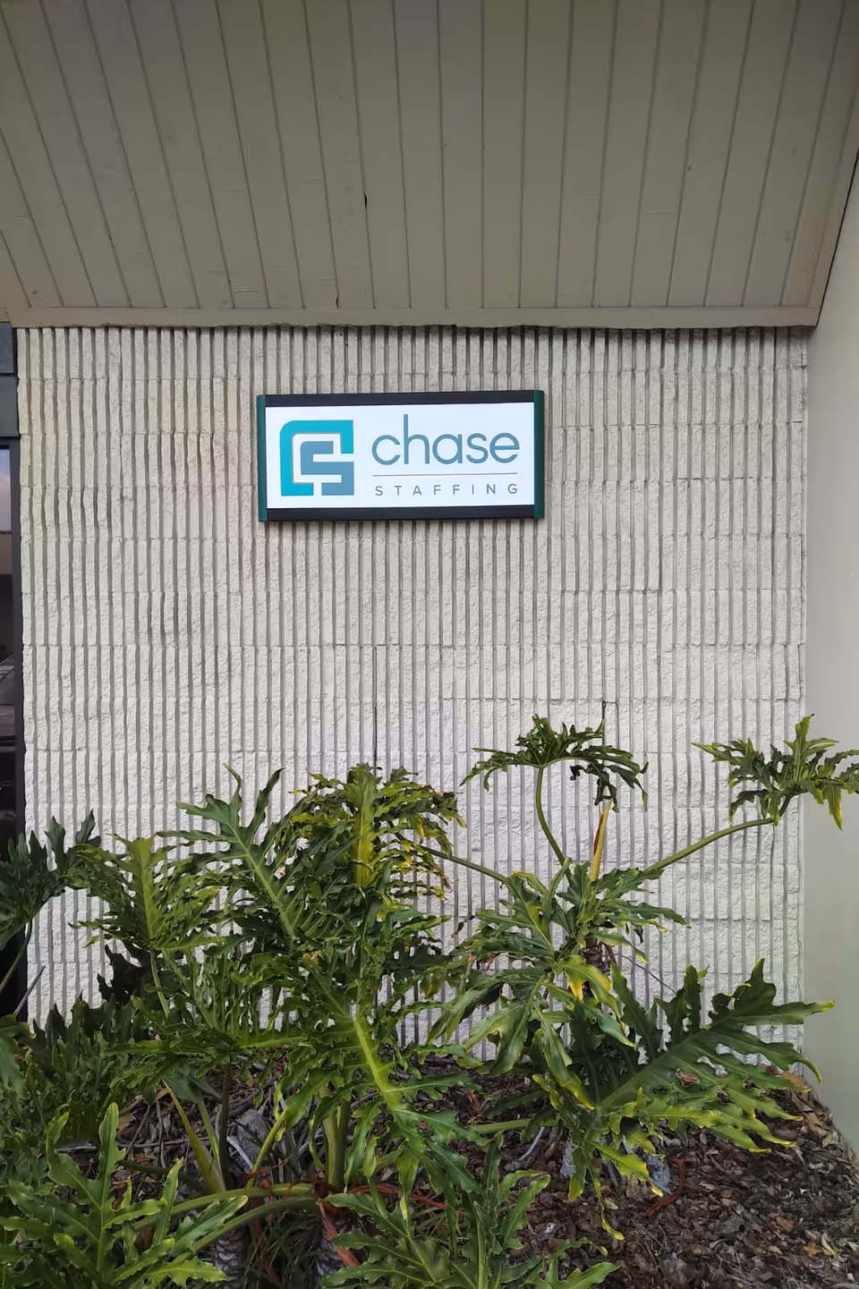 Exterior wall with Chase Staffing sign and large leafy plants in front of building.