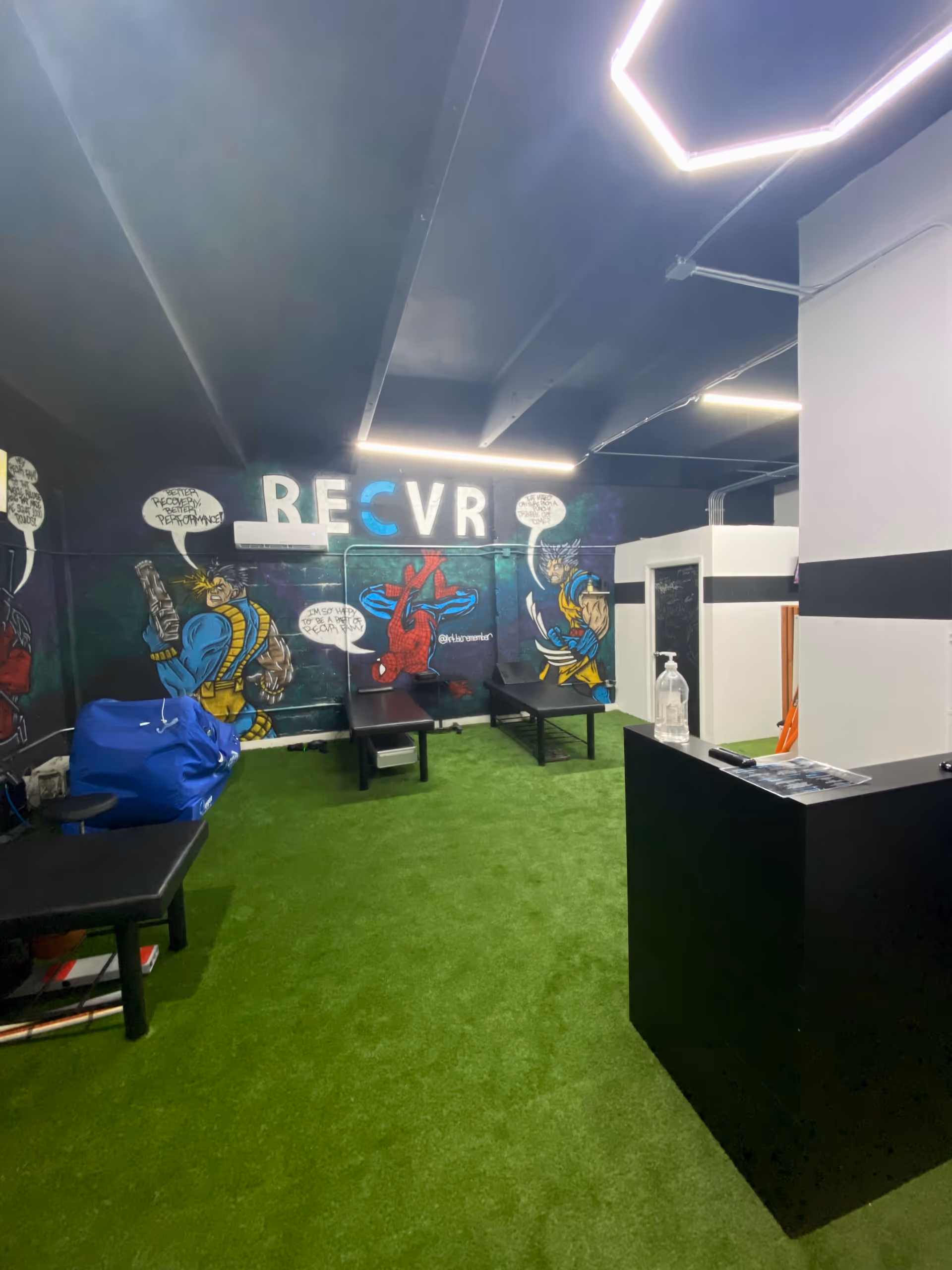 Interior therapy room featuring mural walls, green turf floor, and benches.