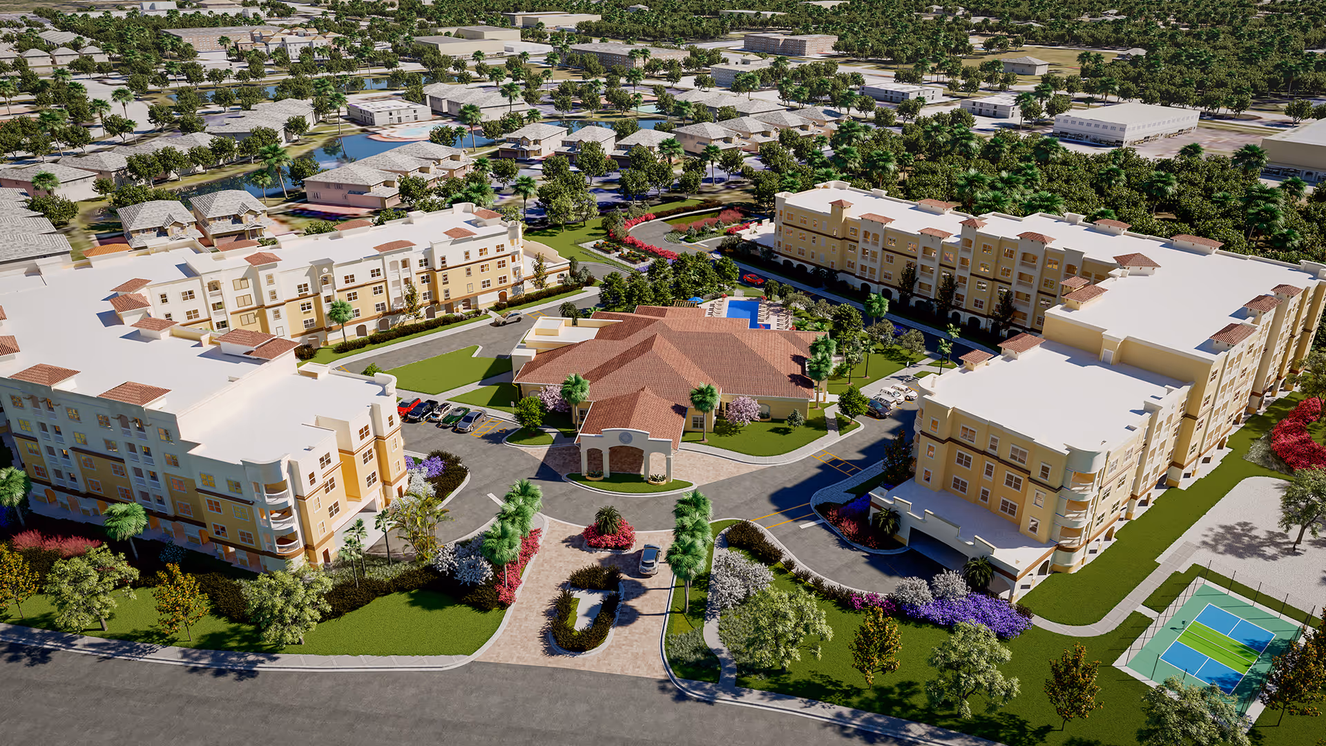 Aerial view of The Alloro at University Groves campus with buildings, greenery, and courtyards.