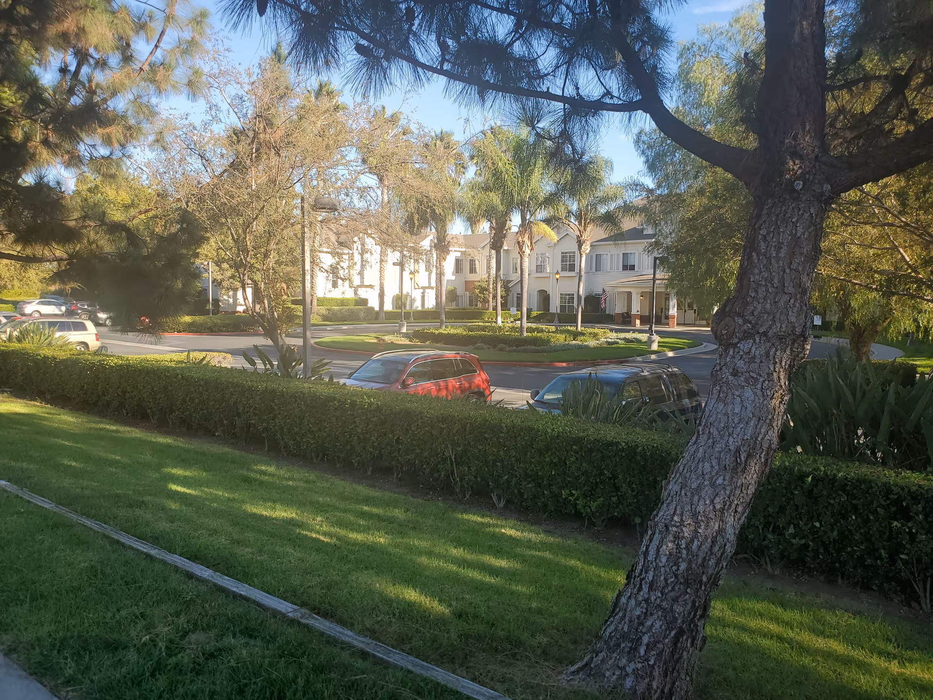 Exterior view of Gardens at Northridge showing buildings, trees, and a parking lot.