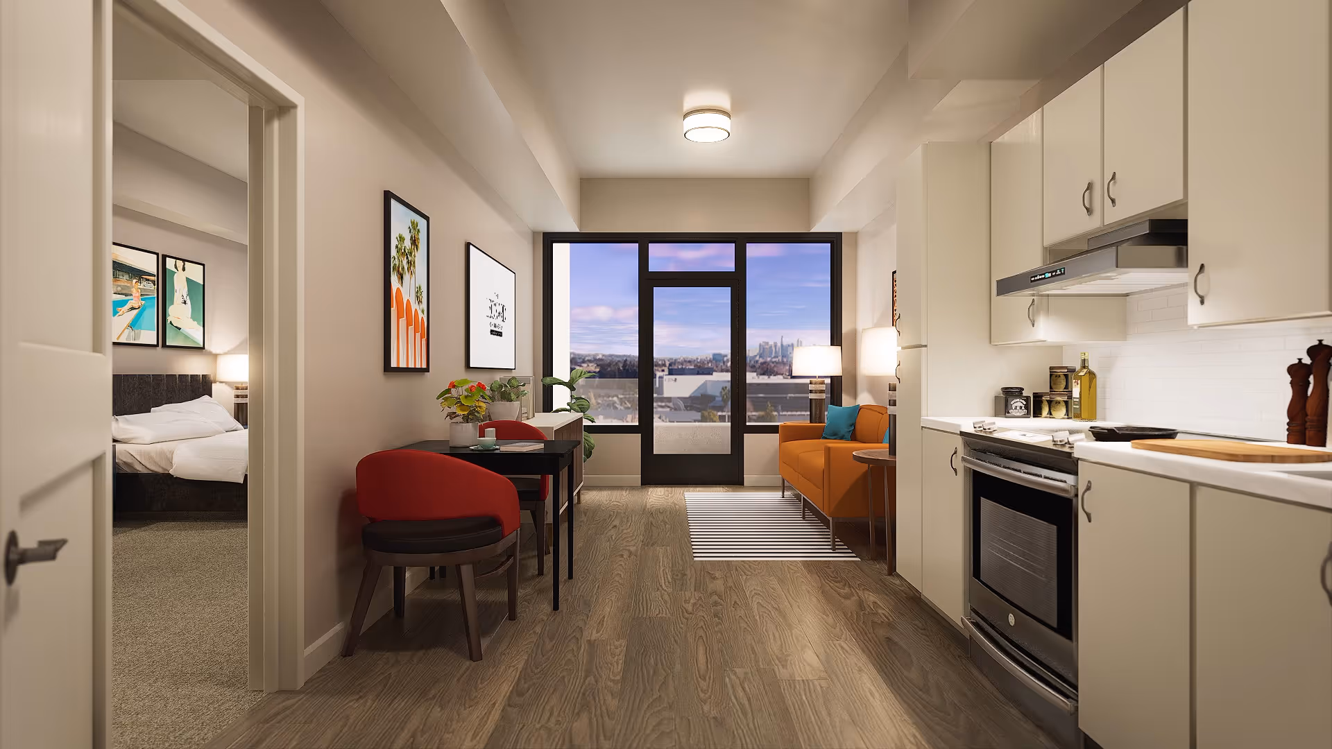 Open-concept apartment with kitchenette, dining area, living space, and bedroom doorway, city view.