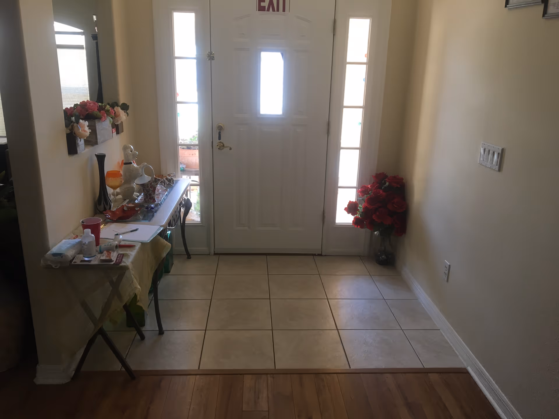 Entryway featuring a front door with sidelights, potted flowers, and a small display table.