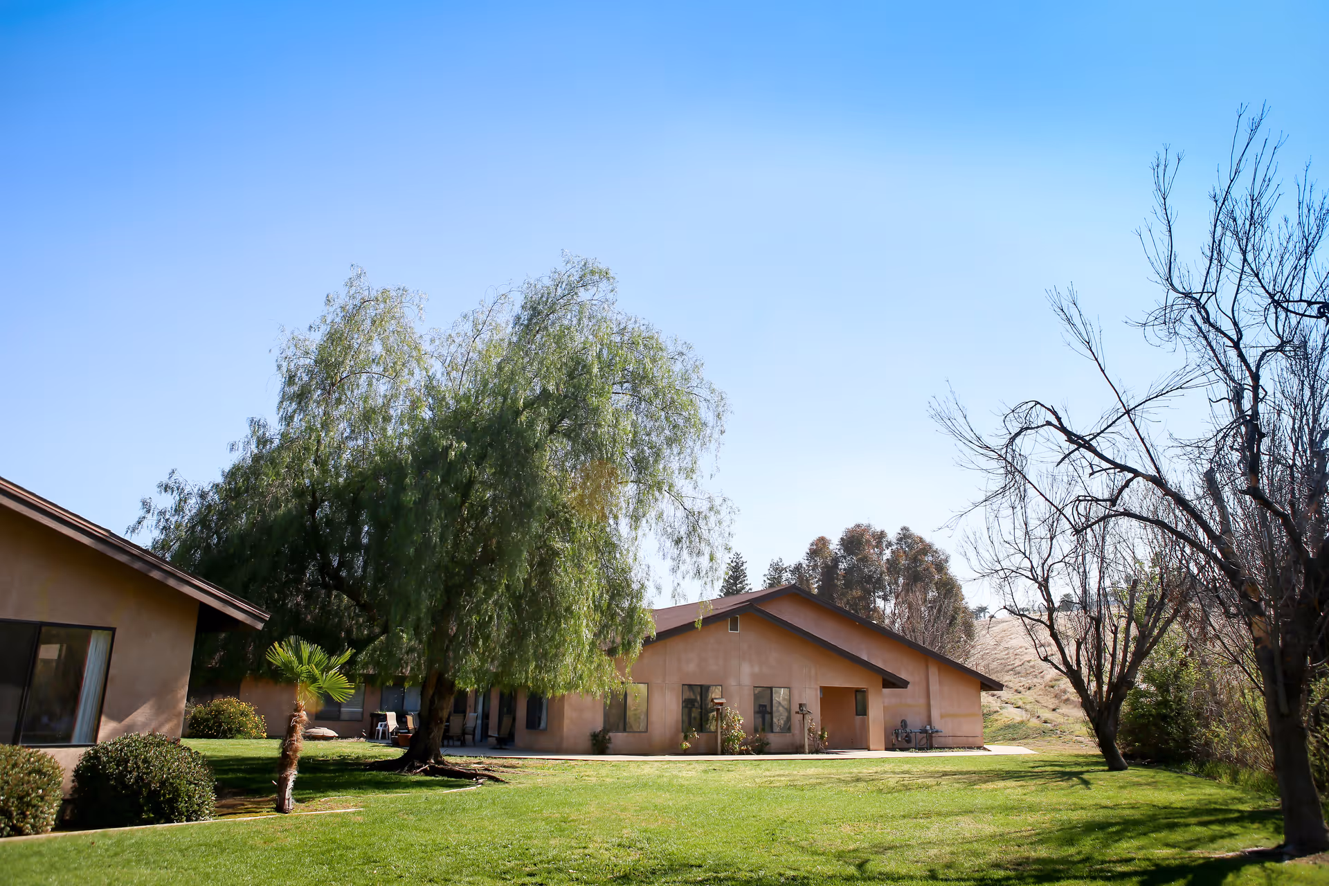 A single-story building with a brown roof and beige walls surrounded by green grass and trees under a clear blue sky.