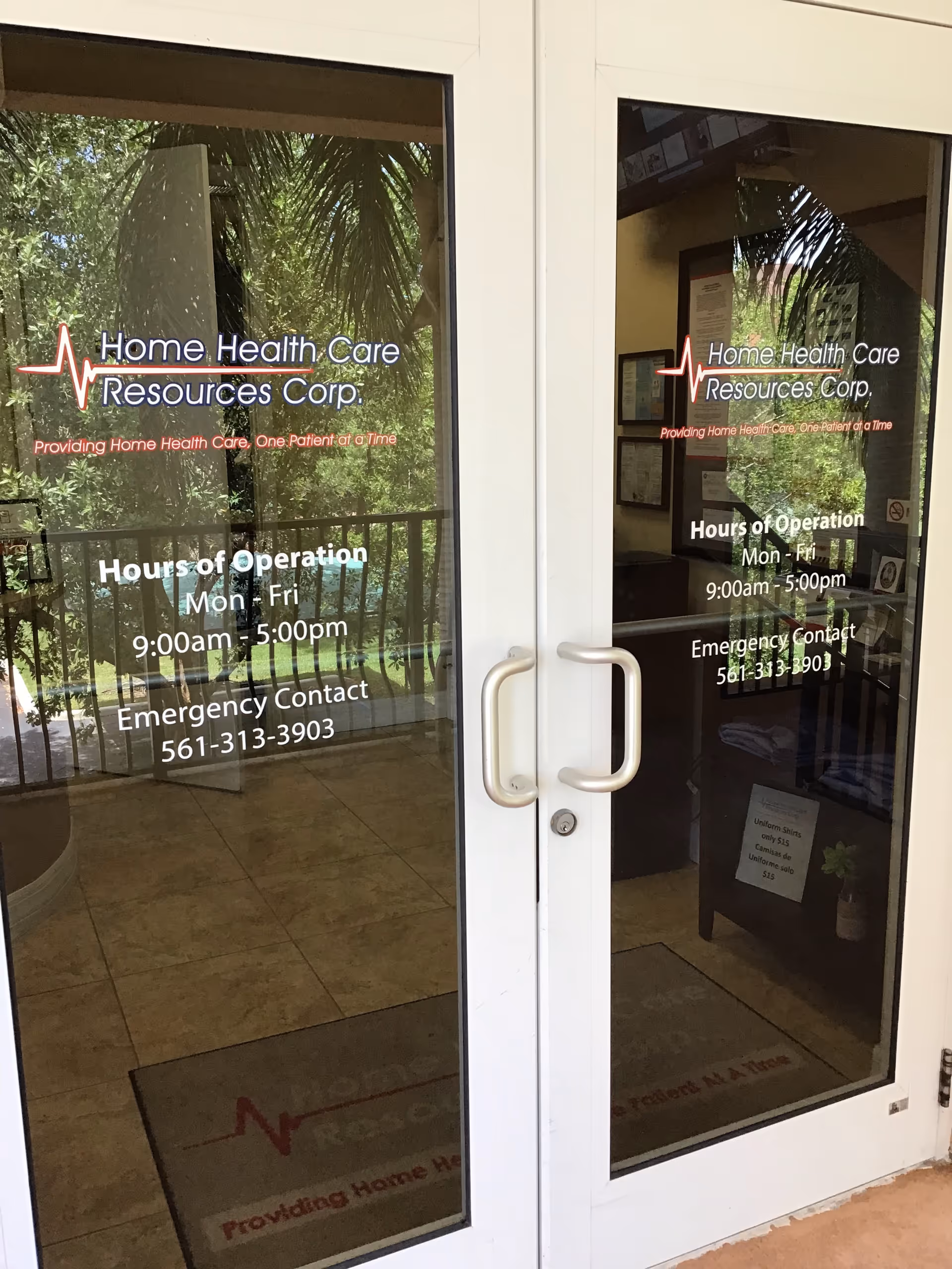 Glass doors display Home Health Care Resources Corp. logo and business hours.