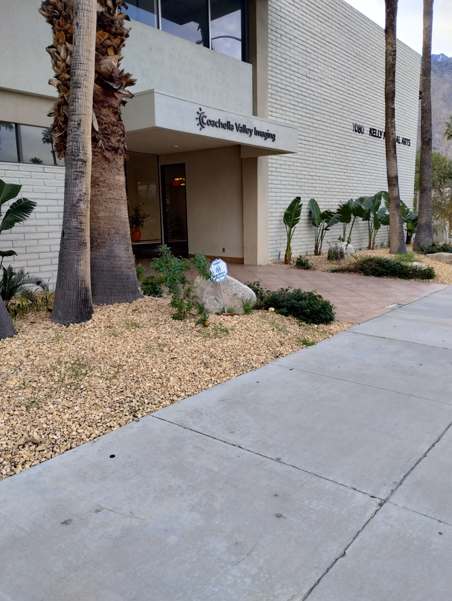 Exterior view of a modern building entrance with palm trees and landscaped walkway.