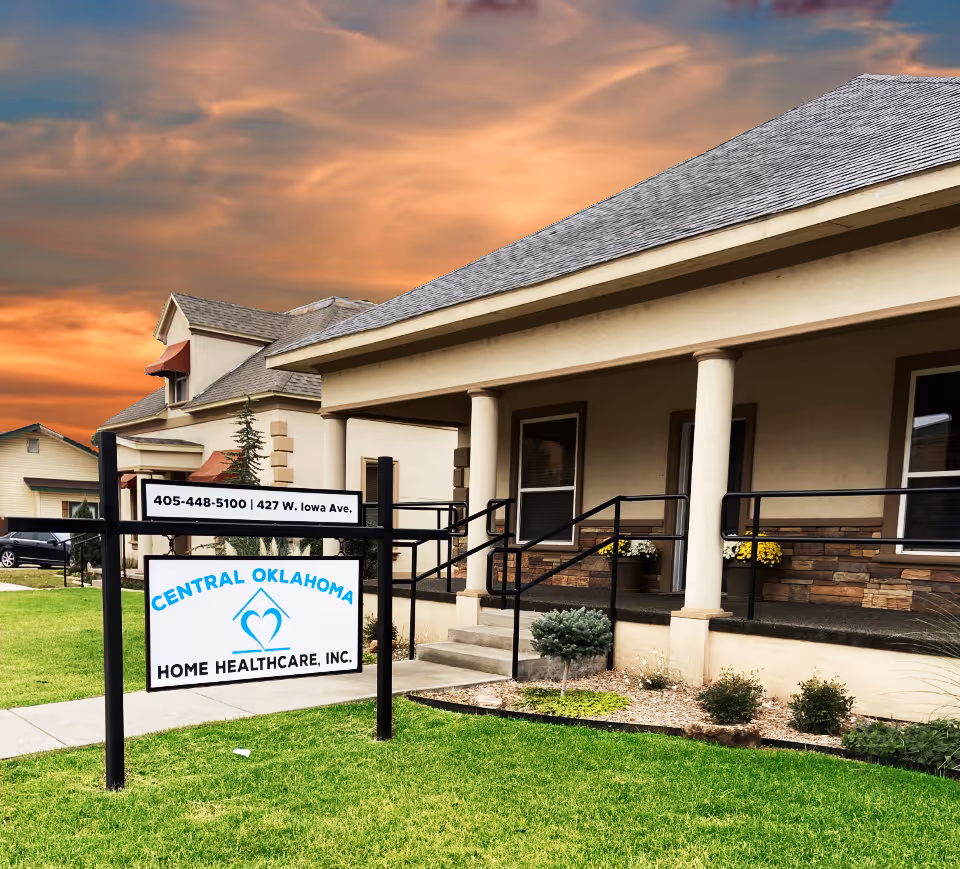 Front exterior of a beige building with a sign for Central Oklahoma Home Healthcare.