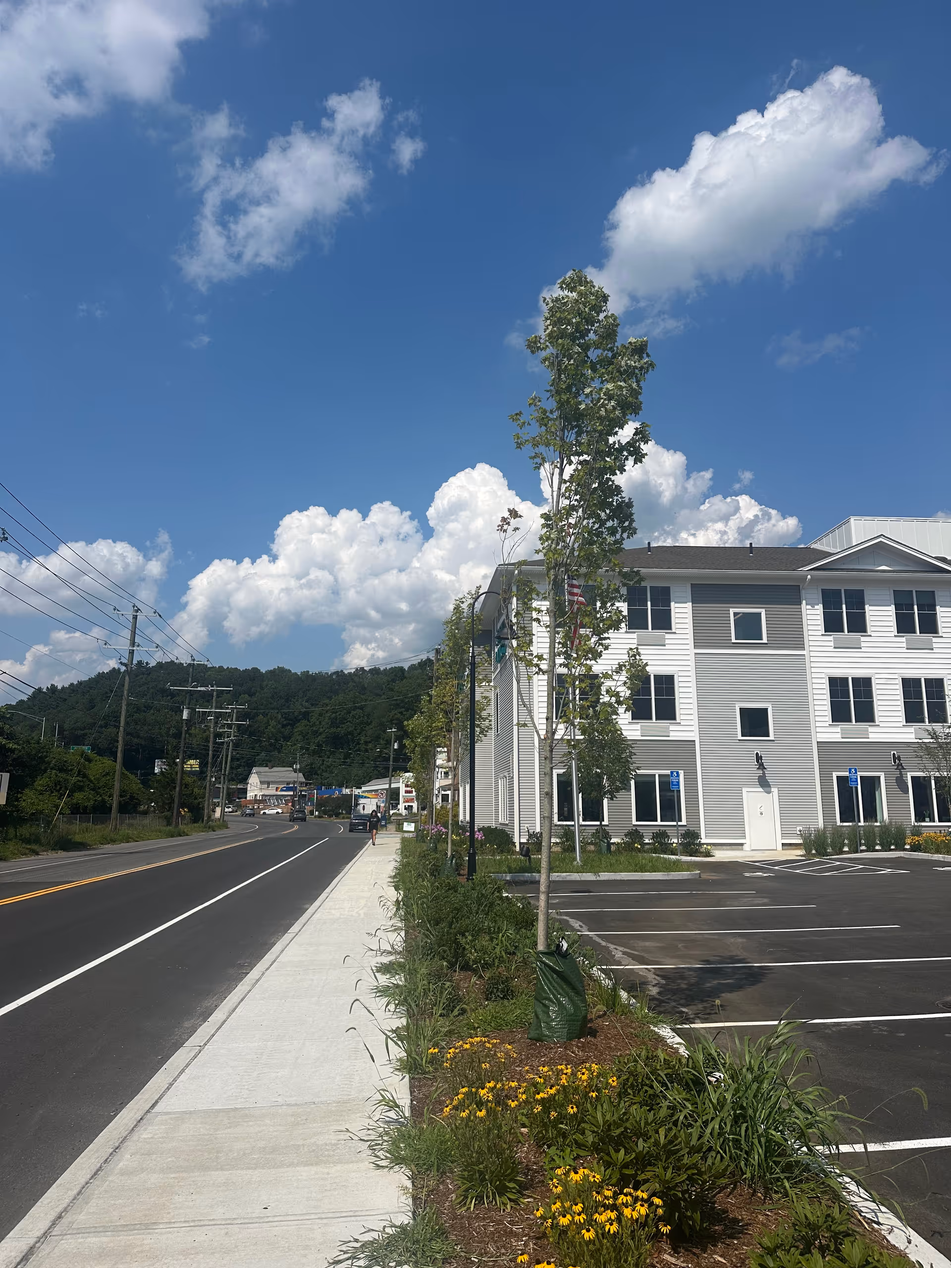 Exterior view of a modern senior living building with a parking lot and landscaped median.