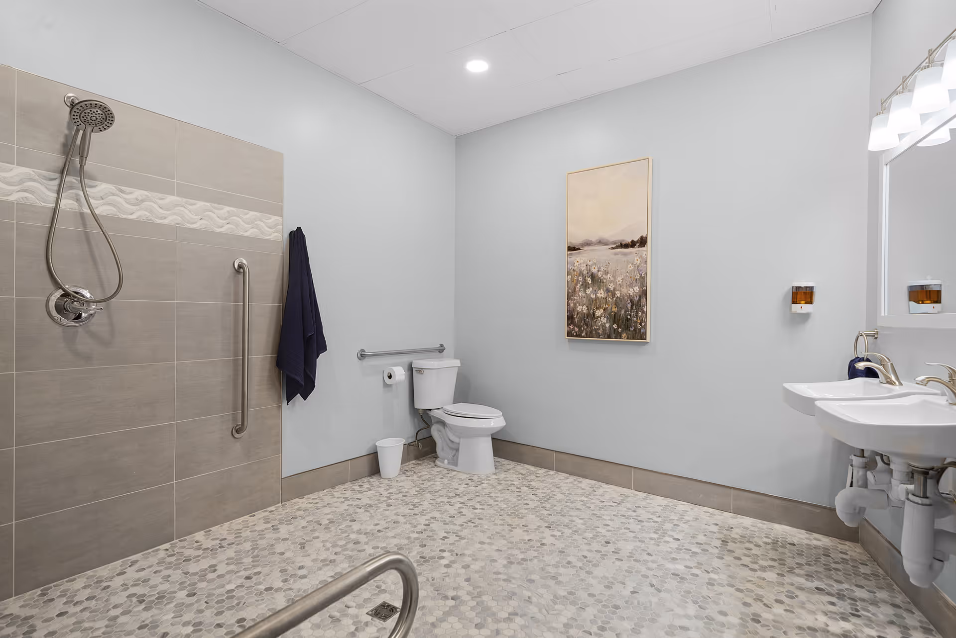 Accessible bathroom featuring a tiled shower, toilet, dual sinks, and grab bars.