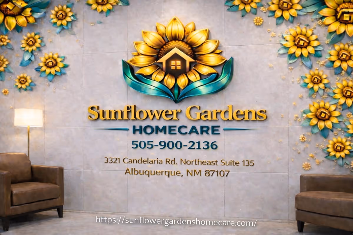 Lobby interior with Sunflower Gardens Homecare sign, sunflower wall art, and two brown chairs.