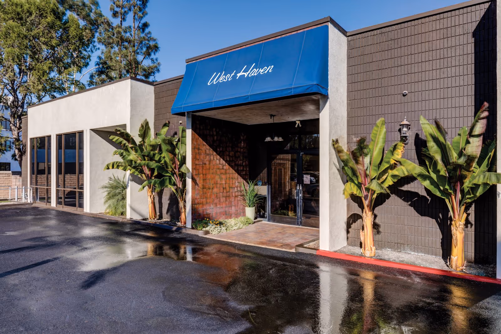 West Haven building entrance with blue awning and tropical plants