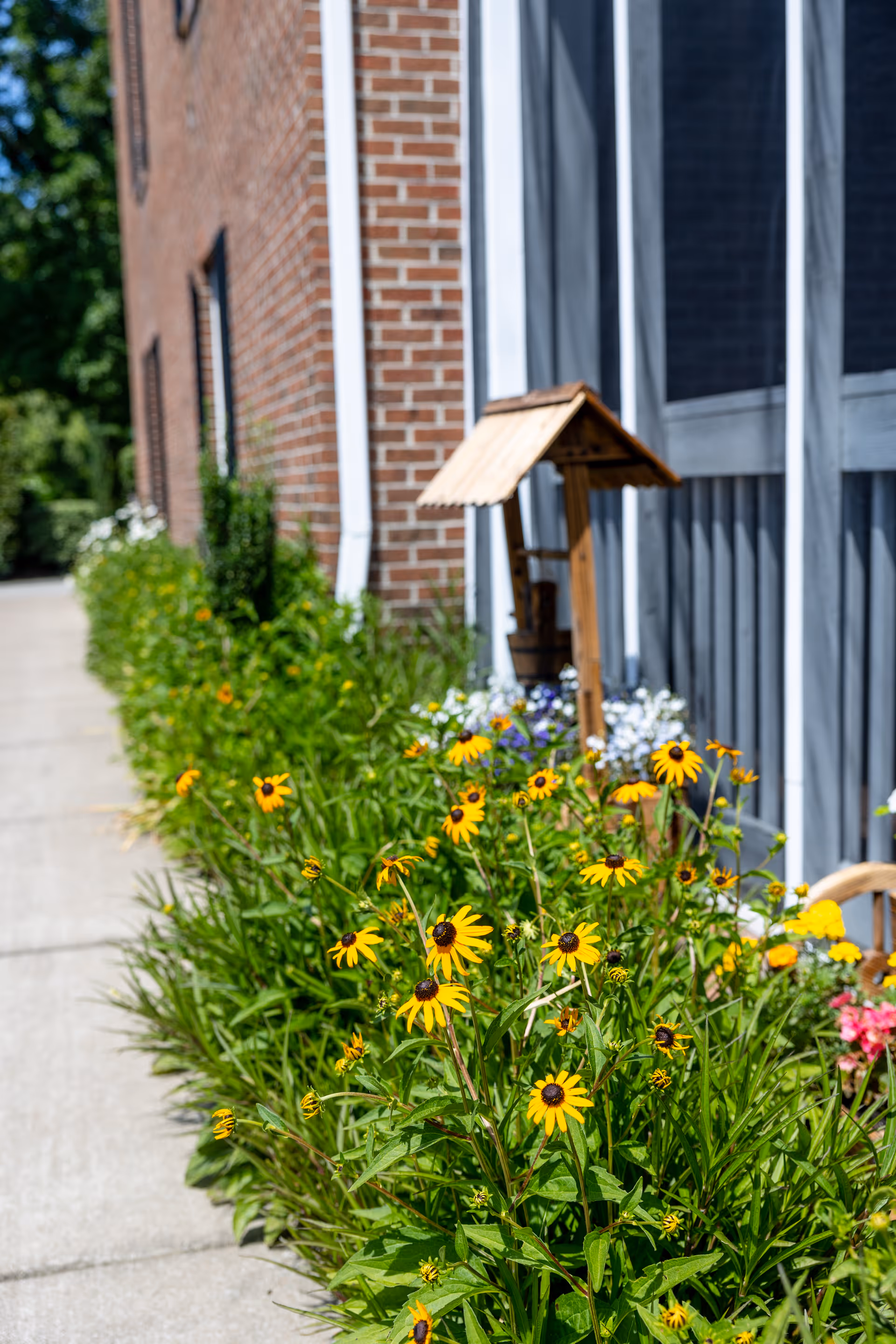 Brick building exterior with a sidewalk, colorful flowers, and a wooden birdhouse along the wall.