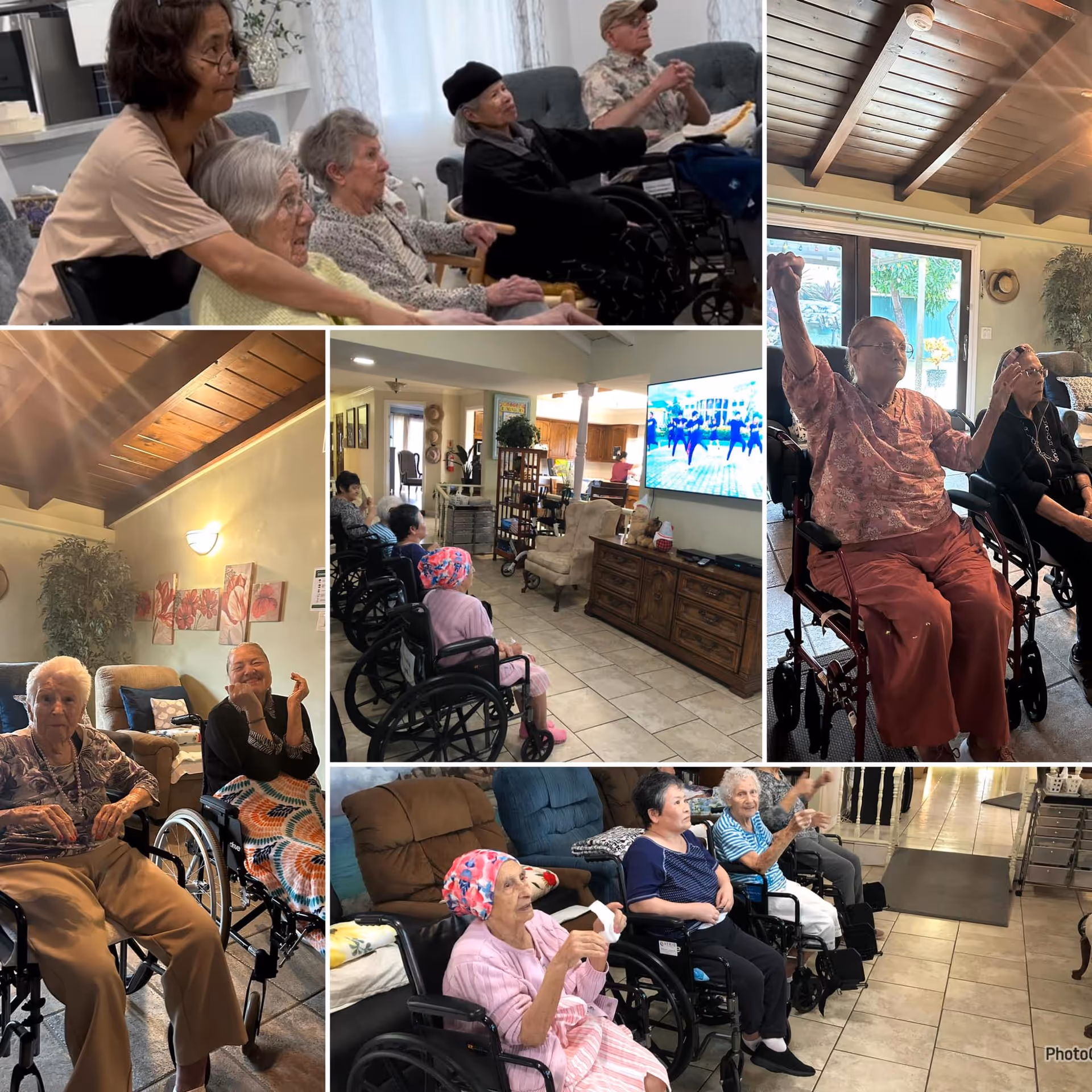 A collage of images showing elderly residents in wheelchairs and seated in a common area of a senior wellness home. They are engaged in activities such as watching television and interacting with a caregiver. The room has tiled floors, comfortable chairs, wooden ceiling beams, and large windows letting in natural light.