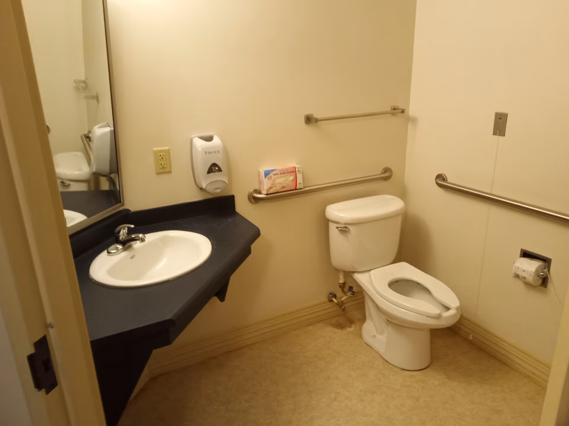 Accessible bathroom with sink, mirror, toilet, and wall grab bars in neutral tones.