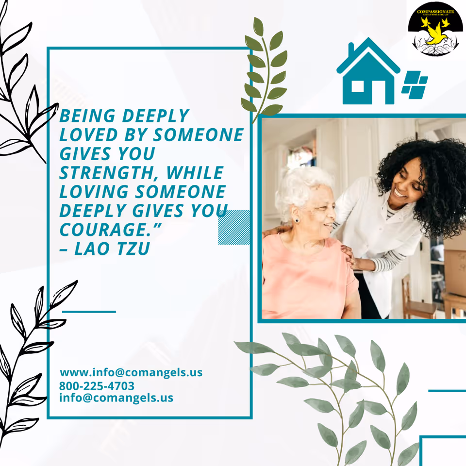 Promotional flyer showing a caregiver with an elderly resident in a home care facility.