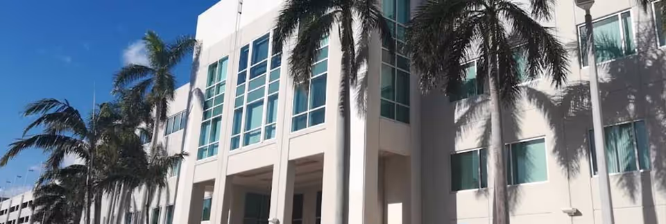 Modern white senior living facility front with tall windows and palm trees