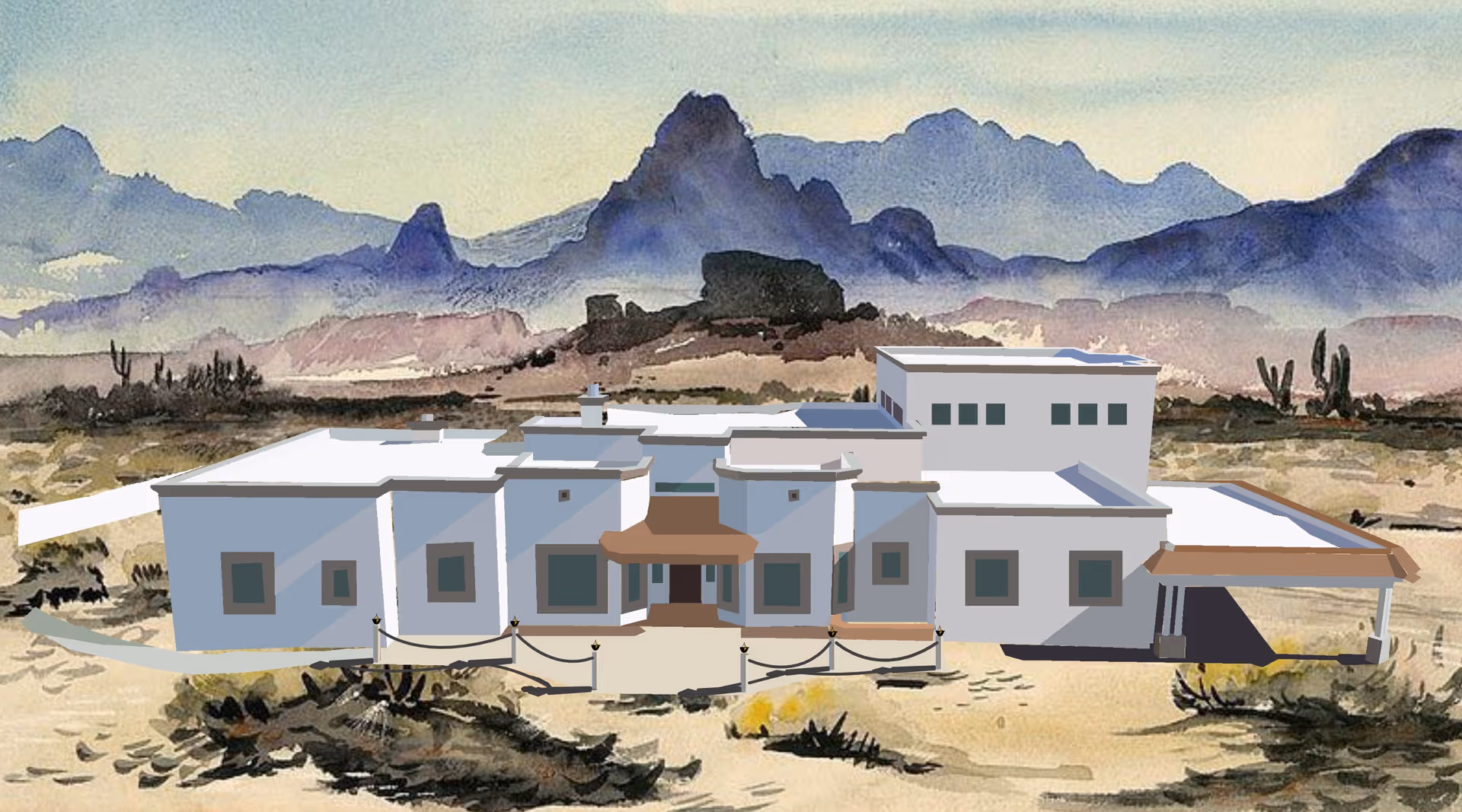 Watercolor illustration of a white, modern assisted living building with desert mountains in the background.
