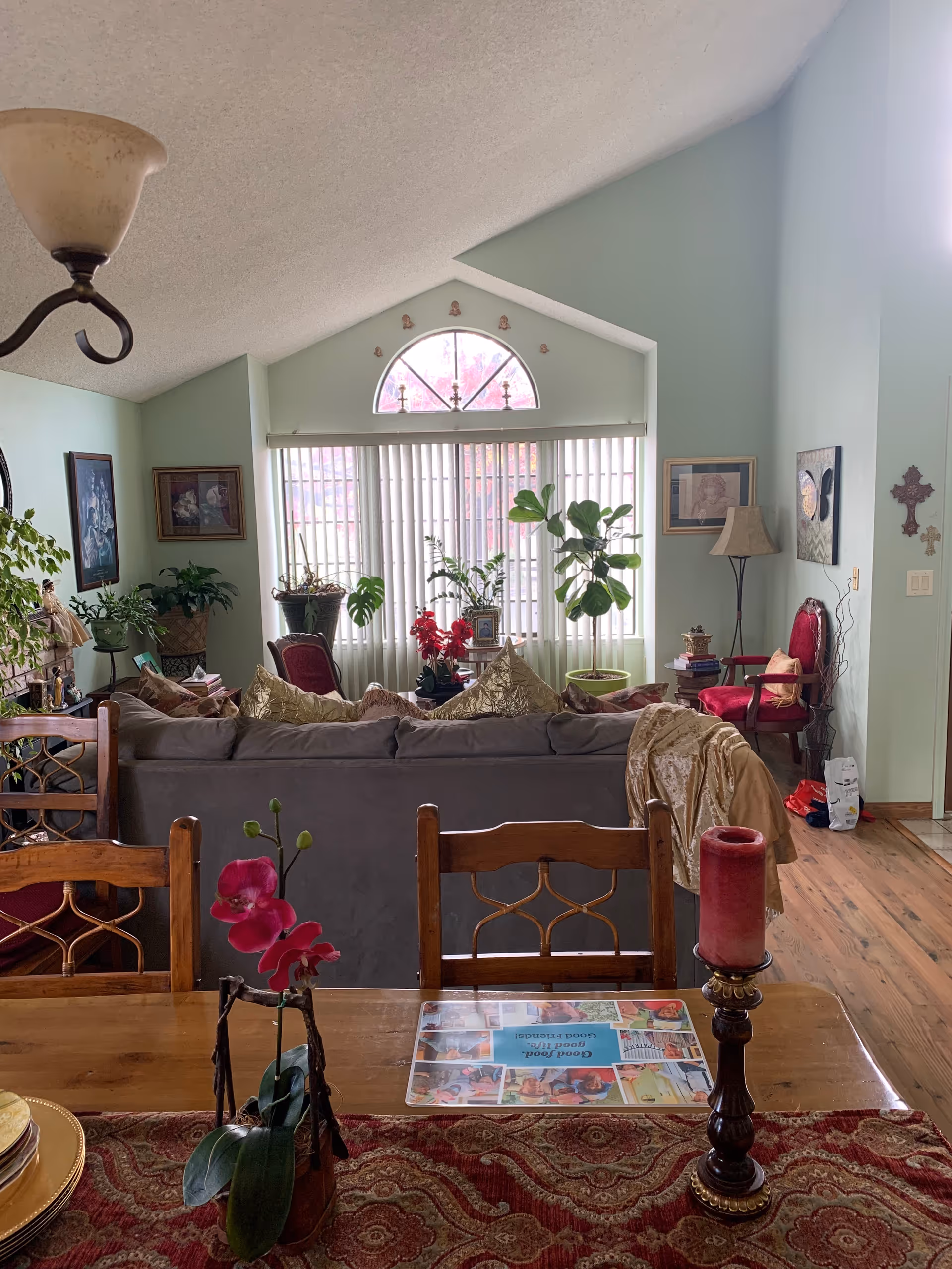 A cozy living room with a high vaulted ceiling and a large window with vertical blinds. The room features a gray sofa with multiple pillows, several potted plants near the window, a wooden dining table with chairs in the foreground, and decorative items including a red candle, a small orchid plant, framed pictures on the walls, and a floor lamp. The walls are painted light green and the floor is wooden.