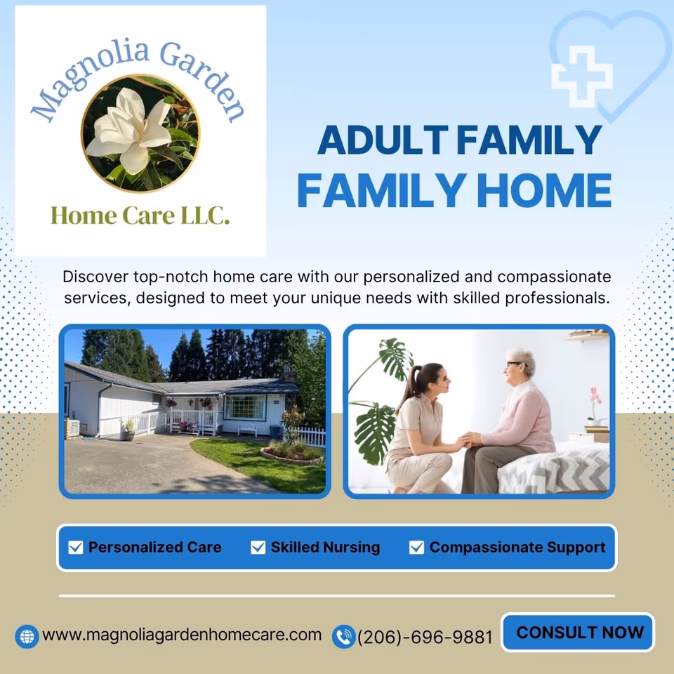 Marketing graphic for Magnolia Garden Home Care featuring house exterior and a caregiver with a resident.