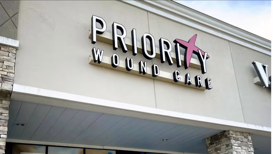 The exterior of a building shows a Priority Wound Care sign on the facade.