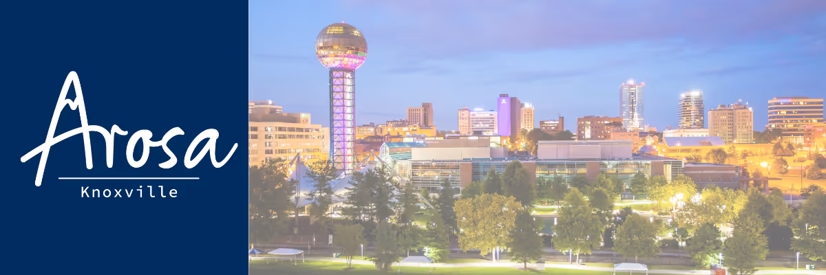 Arosa Knoxville logo on a blue panel beside the Knoxville city skyline.