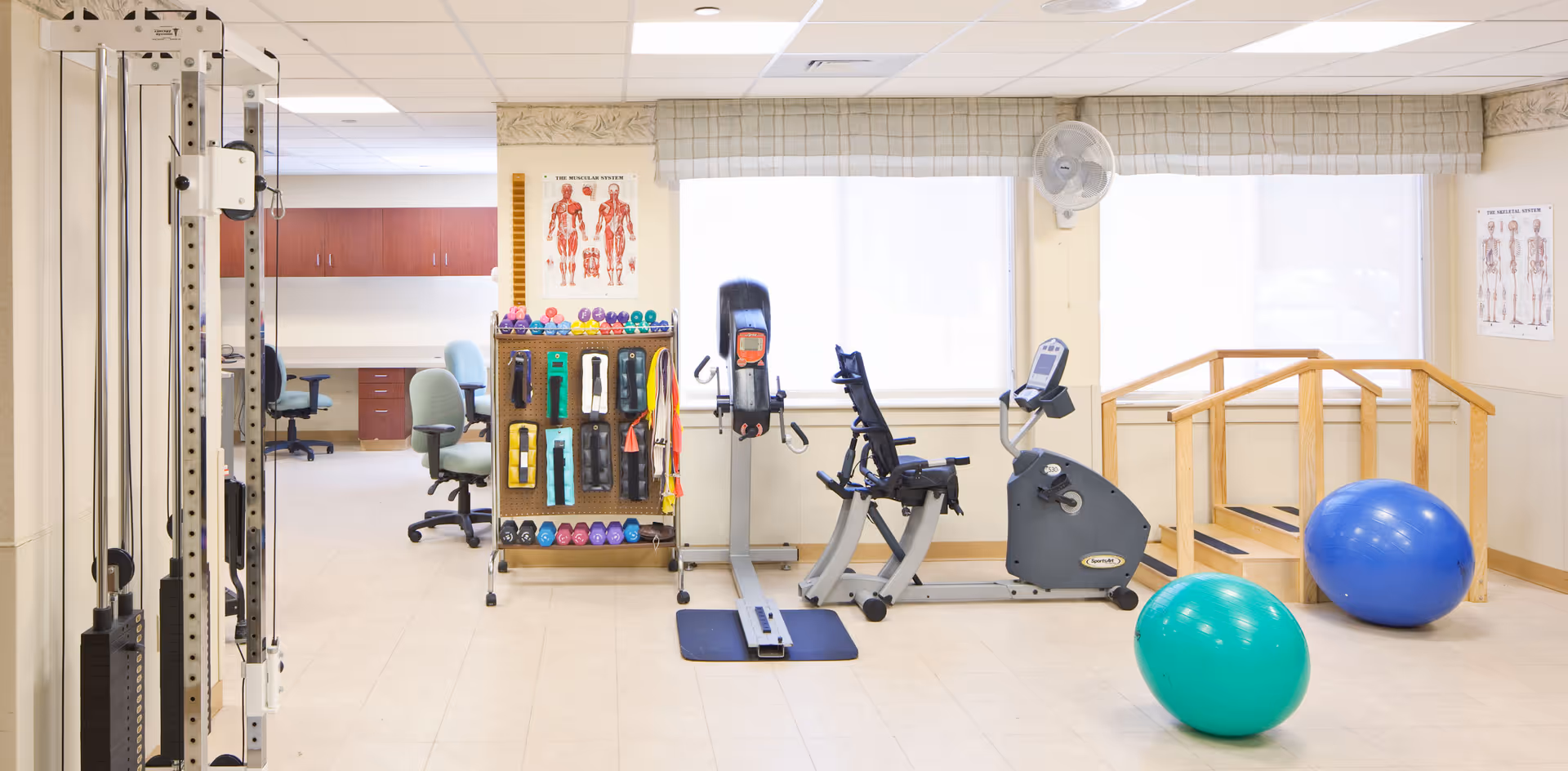 A bright rehabilitation room with exercise equipment including a recumbent bike, resistance bands, dumbbells, therapy balls, and a wooden staircase for physical therapy. There are anatomical muscle charts on the walls and office chairs and desks in the background.