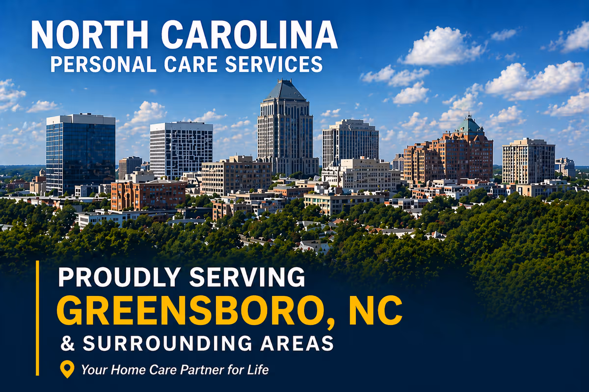 City skyline with bold white and yellow text advertising North Carolina Personal Care Services.