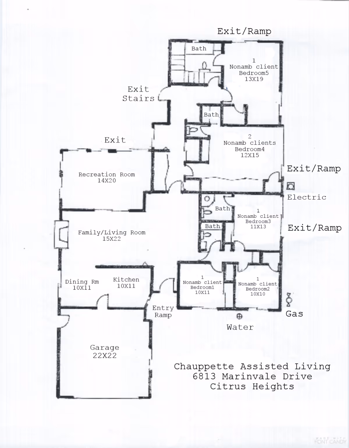 Architectural floor plan of an assisted living facility showing labeled rooms including bedrooms, bathrooms, family/living room, dining room, kitchen, recreation room, garage, and multiple exits with ramps and stairs. The plan includes dimensions for each room and utility locations for electric, gas, and water. The facility is named Chauppette Assisted Living located at 6813 Marinvale Drive, Citrus Heights.
