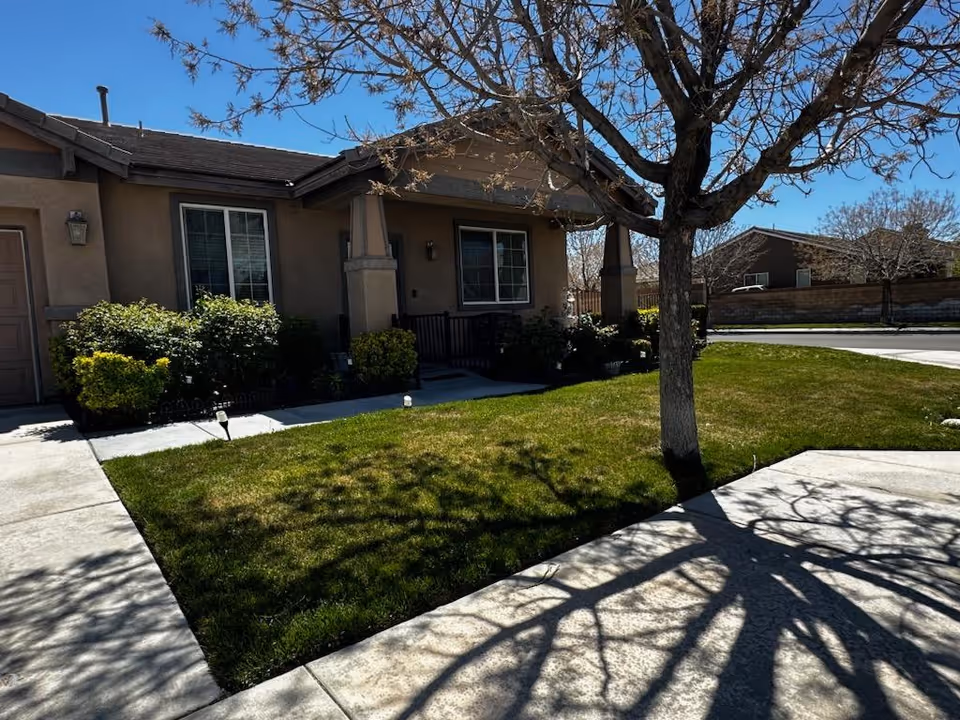 Front exterior of a single-story residential building with a porch, lawn, and a tree casting shadows on the sidewalk.
