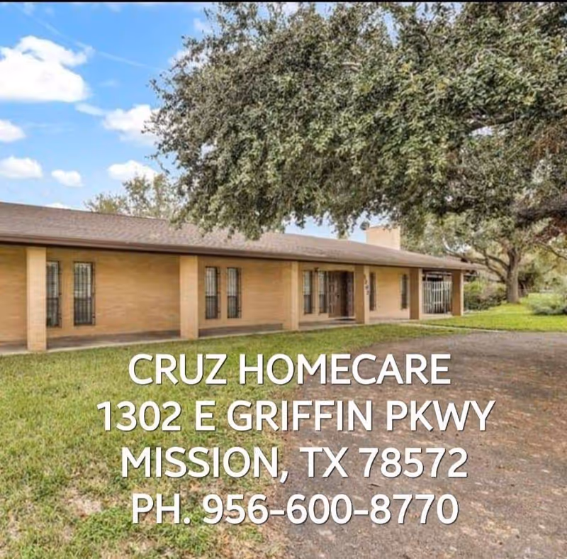 Front exterior of CRUZ HOMECARE facility with address overlay and surrounding trees.
