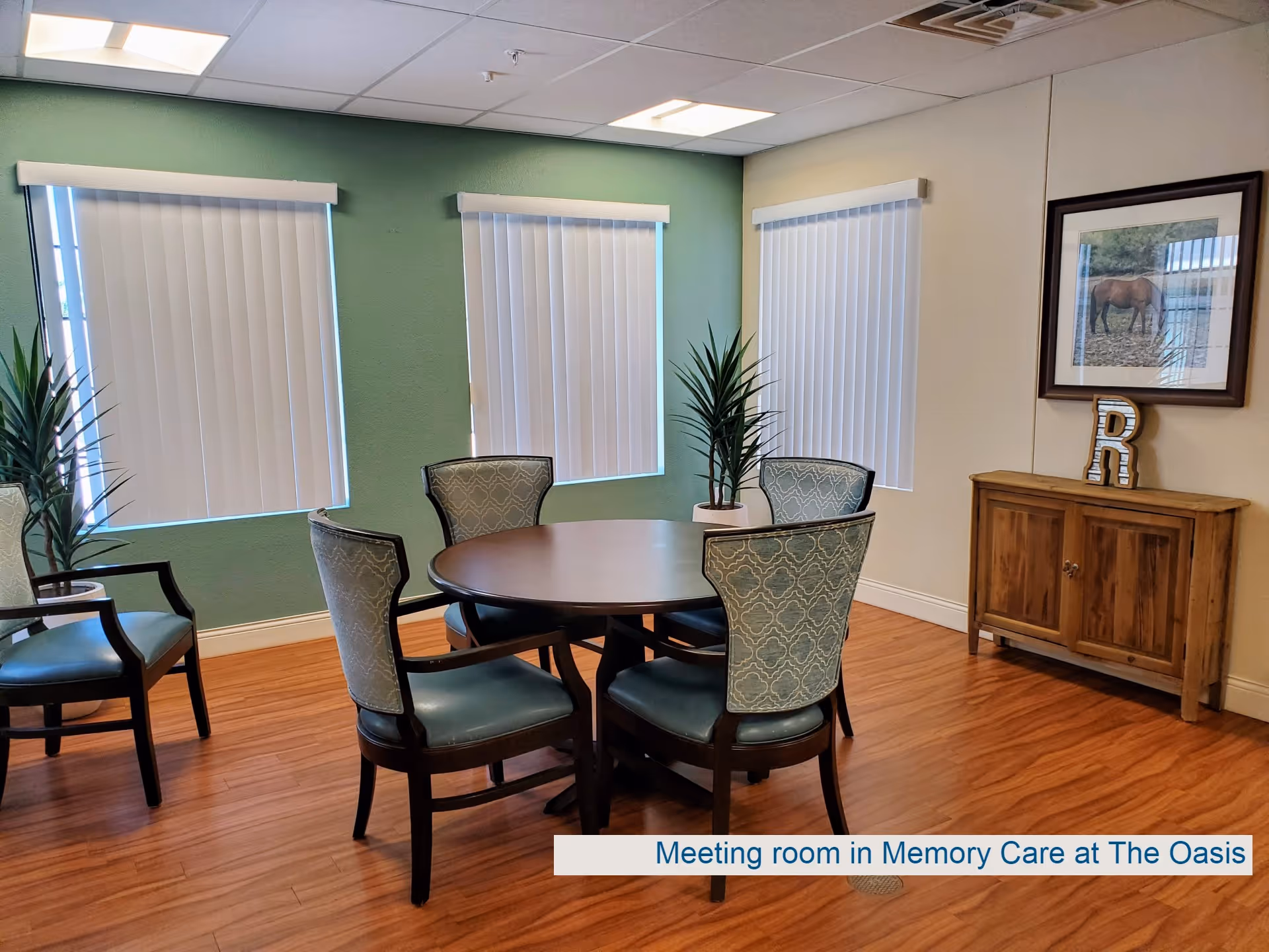 A meeting room with a round wooden table surrounded by five upholstered chairs with patterned backs and teal seats. The room has three windows with vertical blinds, two potted plants, a wooden cabinet with a decorative letter 'R' and a framed picture of a horse on the wall. The floor is wood laminate and the walls are painted green and beige.