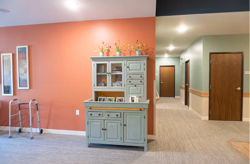 Well-lit hallway with a mint-green cabinet, coral wall, walkers, and closed doors.