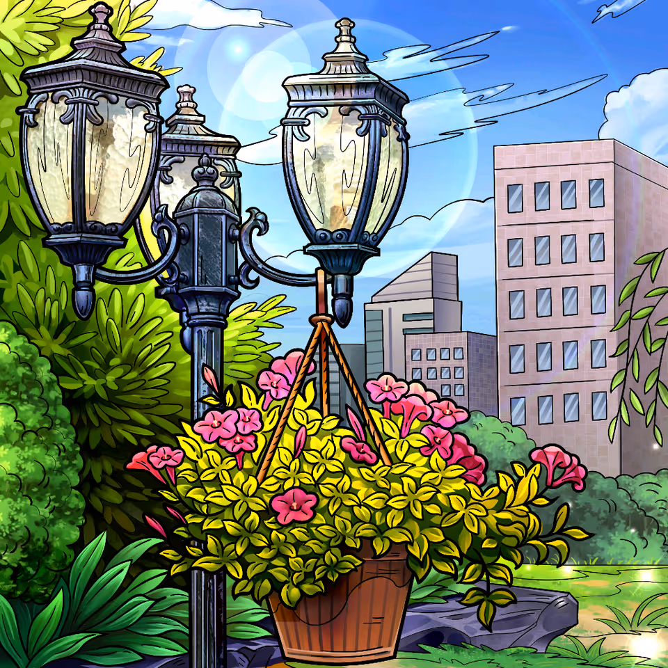 Colorful outdoor garden with ornamental lampposts, hanging flowers, and city buildings in background.