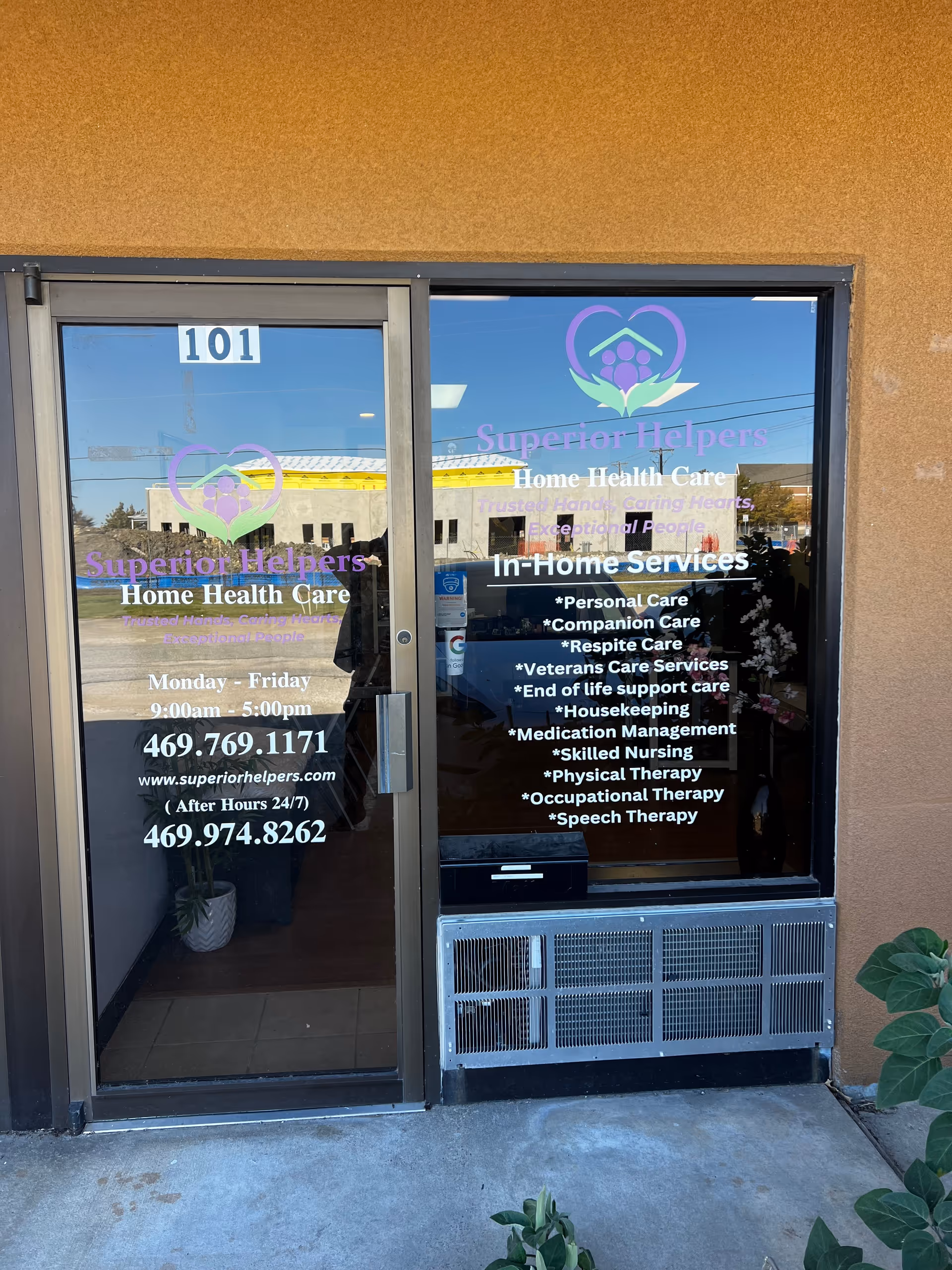 Exterior storefront for Superior Helpers Home Health Care with glass doors and signage