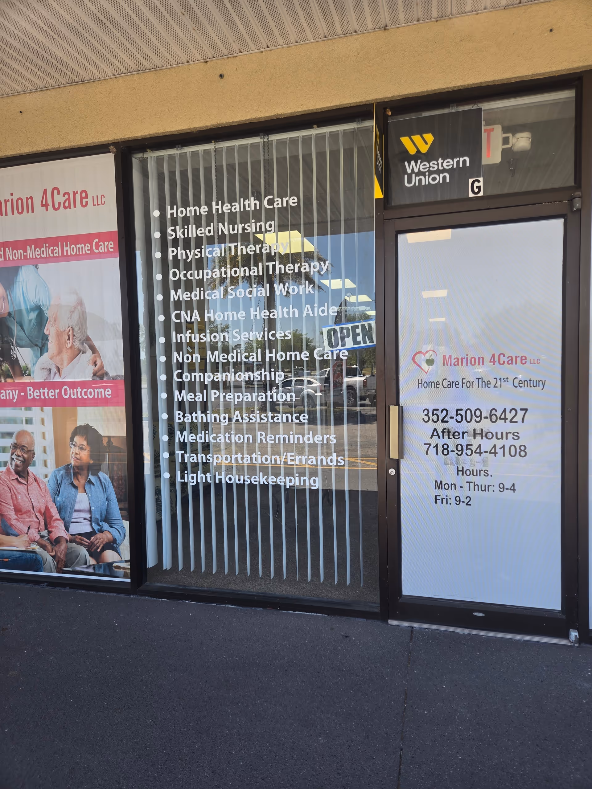 Front windows display Marion 4Care LLC services list with Western Union sign.