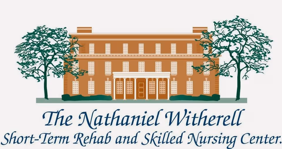 Illustration of a brick, multi-story nursing center building with trees on either side.