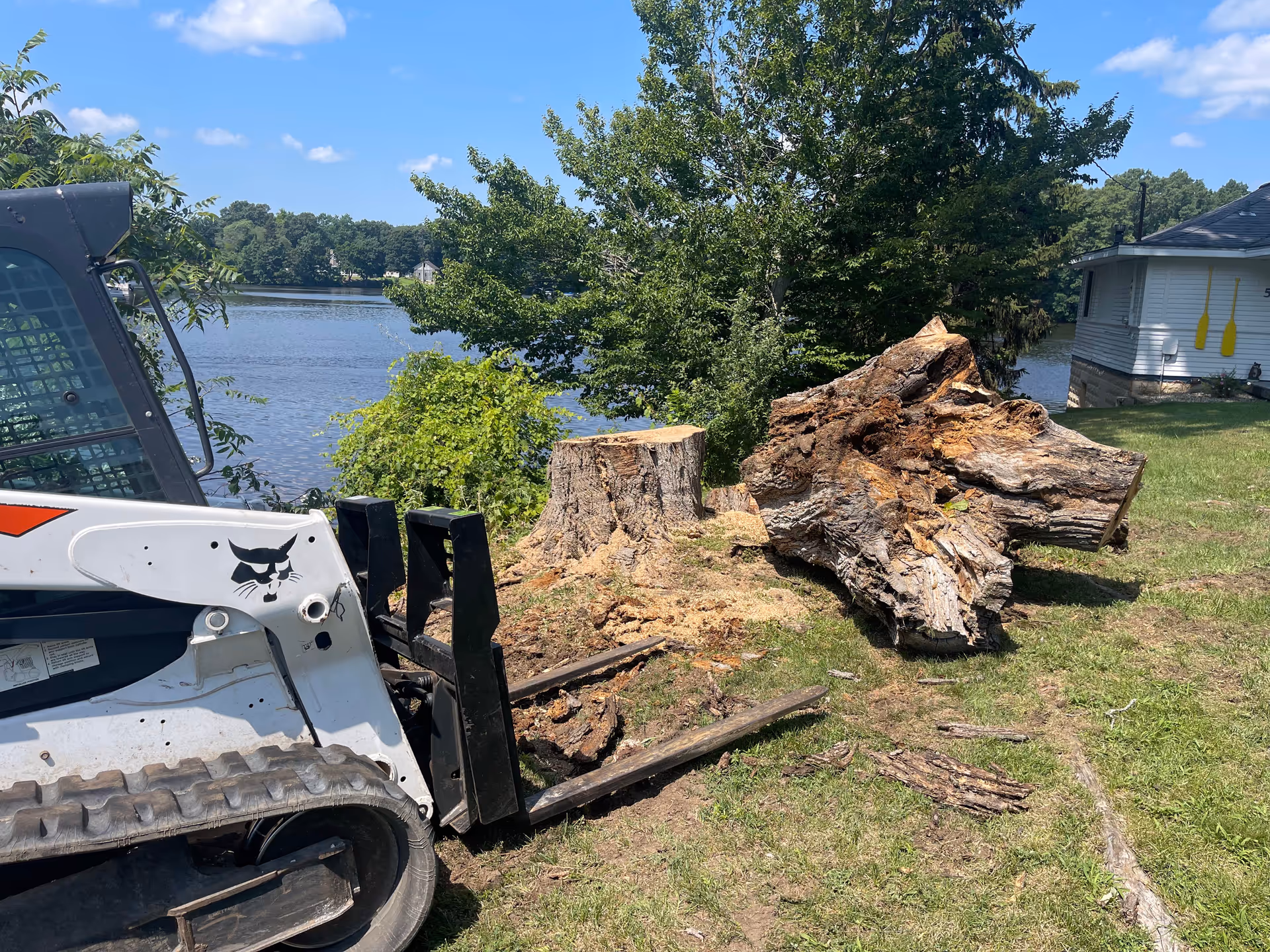 Lakeside outdoor yard with a skid-steer loader and stacked tree trunks near a house.