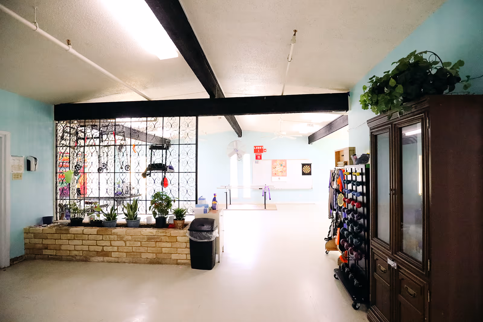 Interior view of a rehabilitation and healthcare center room with light blue walls and black ceiling beams. The room features a brick planter with several potted plants, a black metal decorative divider, a wooden cabinet with a plant on top, and a rack holding various exercise weights. In the background, there are ballet bars, a dartboard, and a red sign indicating the lobby and exit.