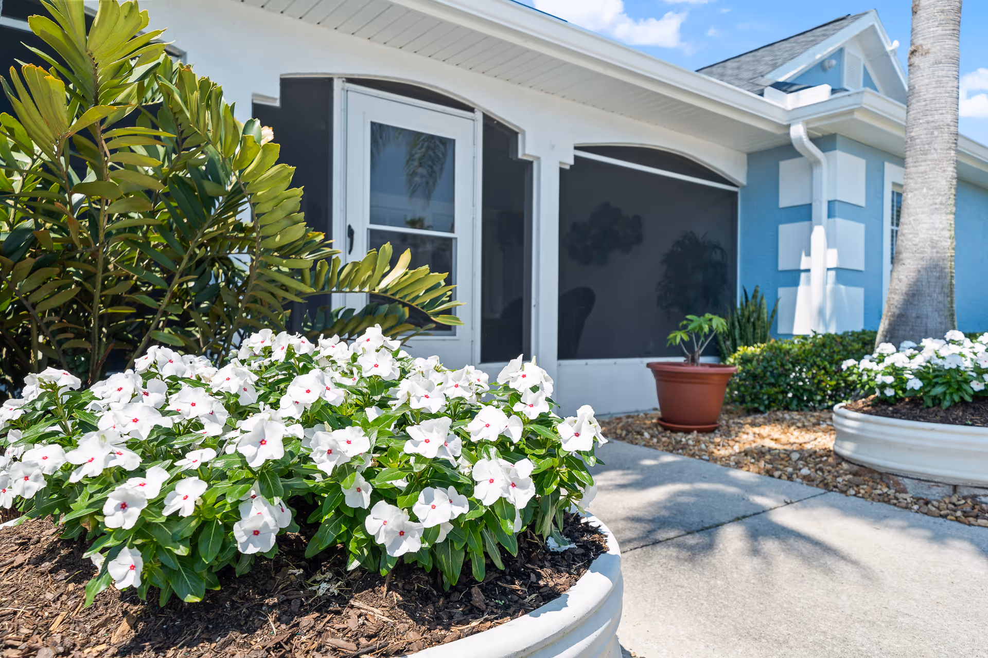 Exterior view of Hill Top Home of Comfort with flowering plants and entryway.