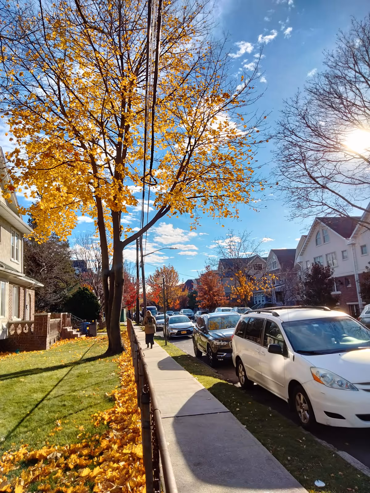 A sunny suburban street scene with a sidewalk lined by a metal fence and trees with yellow autumn leaves. Several cars are parked along the street, and houses with pitched roofs are visible on both sides. A person is walking down the sidewalk away from the camera. The sky is blue with scattered clouds.