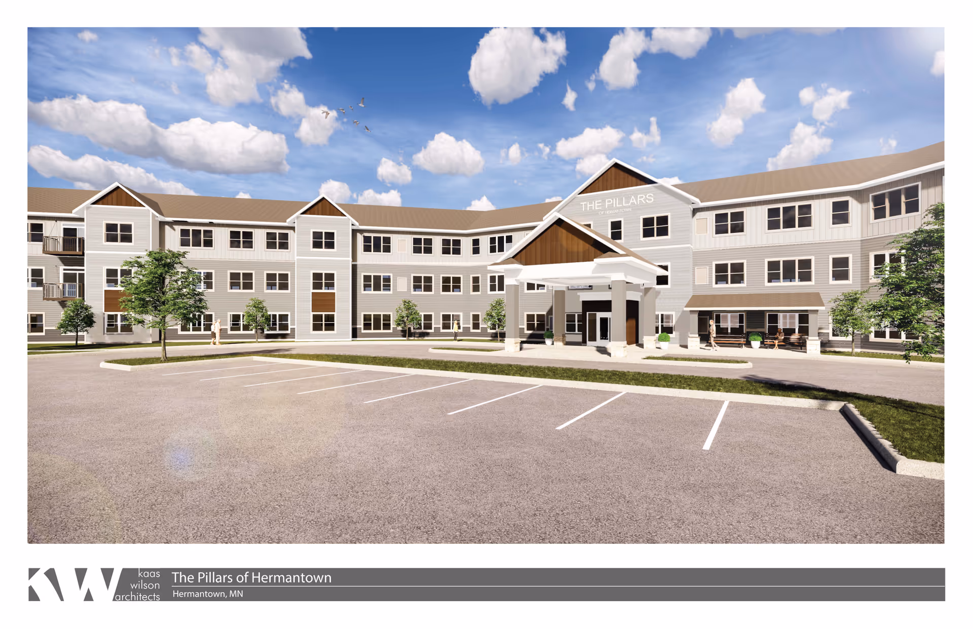 Exterior of The Pillars of Hermantown with front entrance and surrounding parking lot.