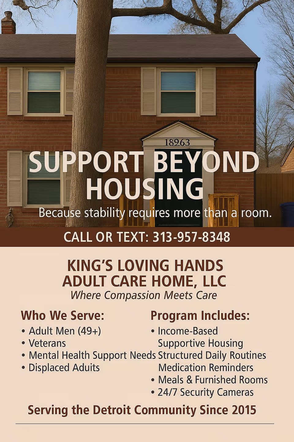 Brick front of Kings Loving Hands Adult Care Home with large promotional signage.