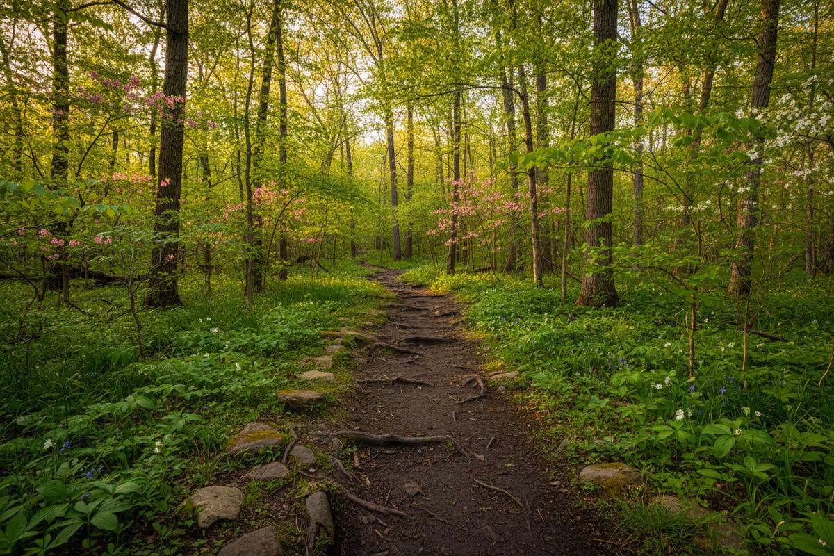 Sunlit forest path winds through green trees with pink blossoms.