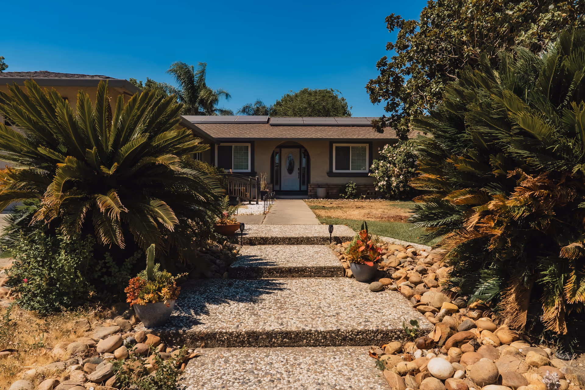 Front exterior view of a care home with a stone walkway and lush landscaping.
