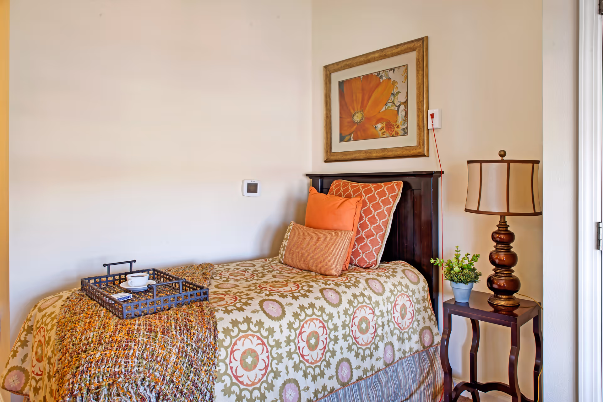 Cozy single bedroom with patterned quilt, nightstand, lamp, plant, and framed artwork.